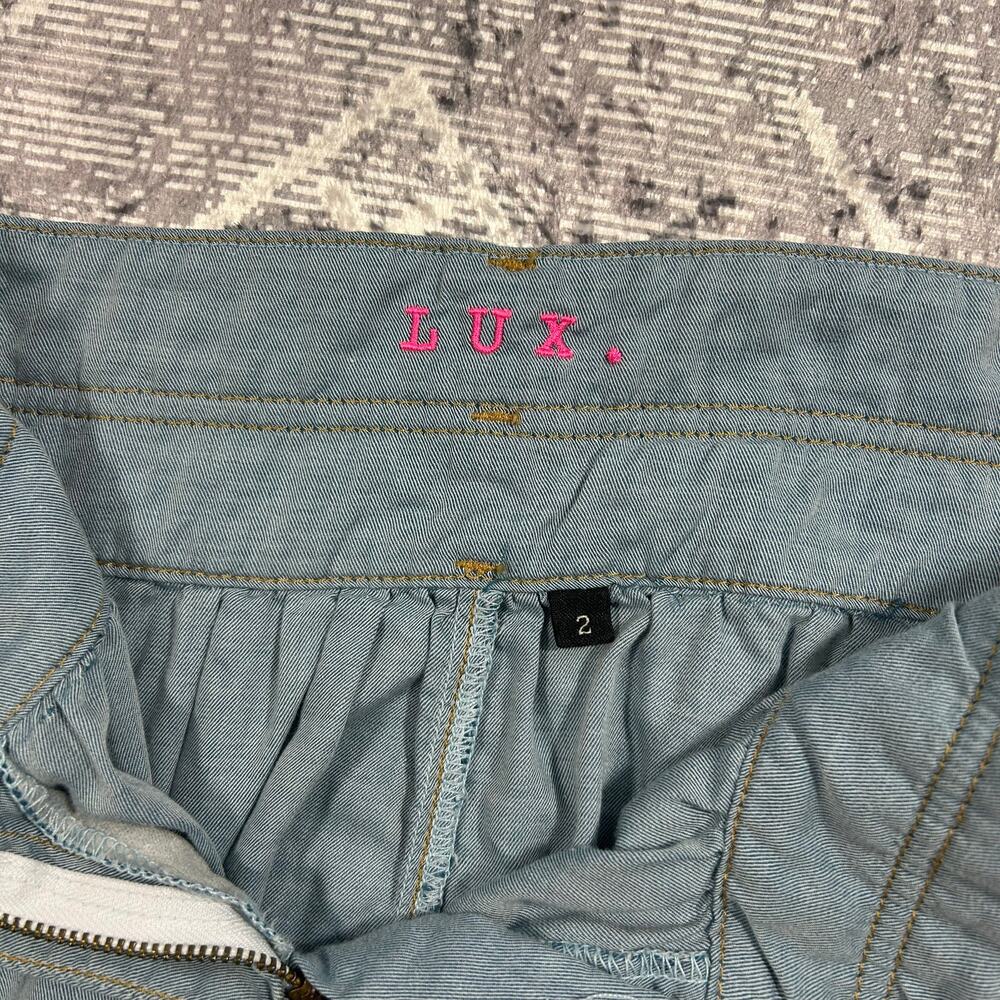 LUX Chambray Denim Mini Skirt Size 2 High Rise Double Button + Belt Loop - Picture 6 of 8